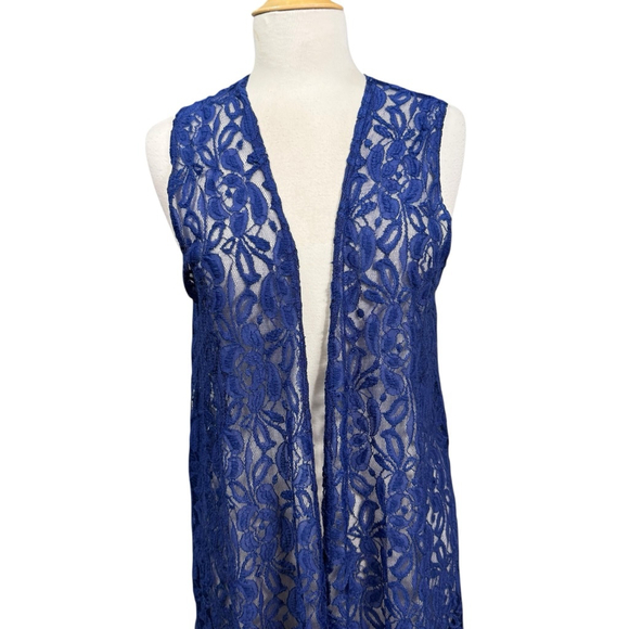LuLaRoe Blue Lace Duster Vest Sleeveless Open Front Size Medium - Picture 2 of 8